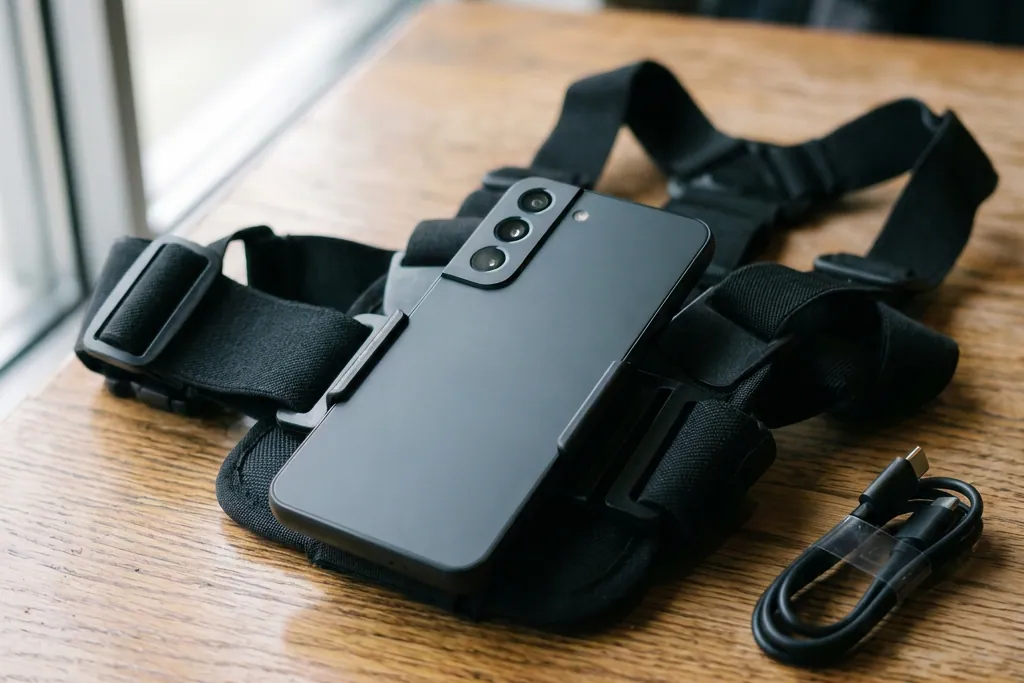 A smartphone in a head-strap holder
