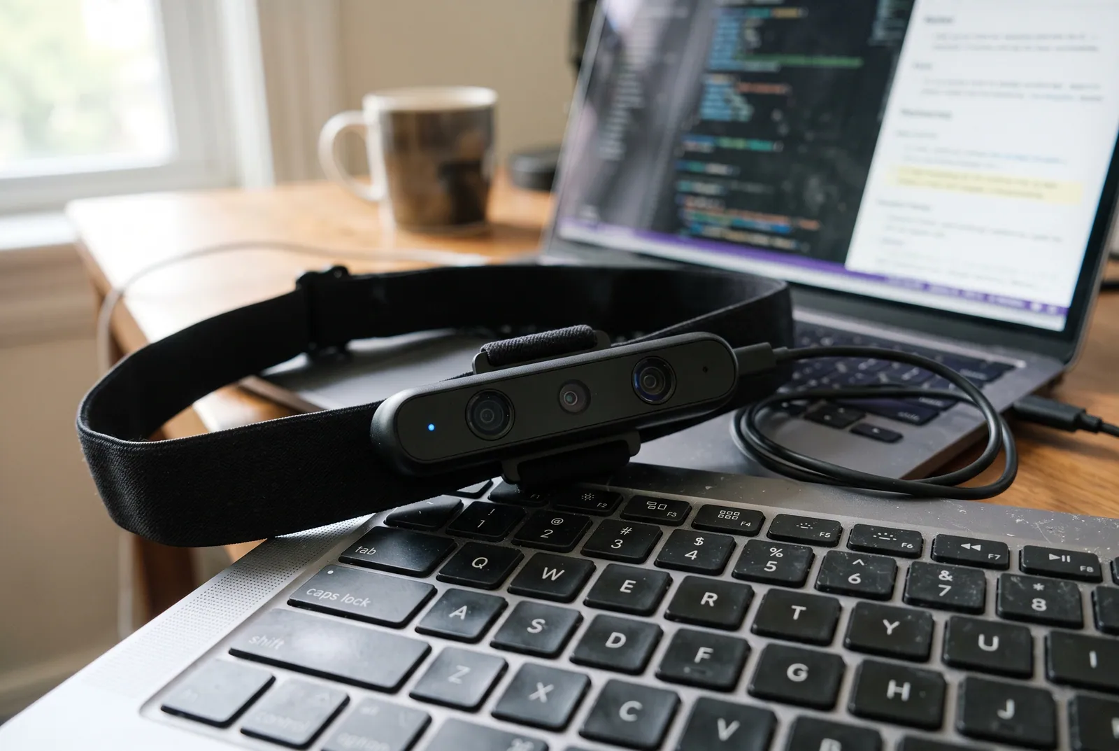 A three-lens depth camera on a head strap