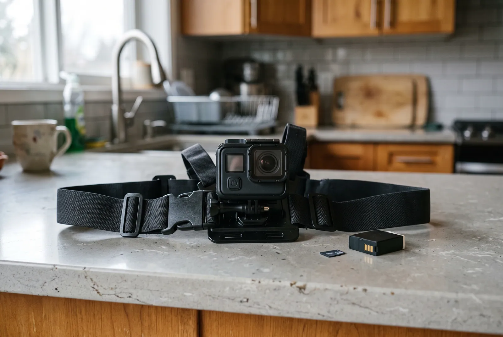 A rugged action camera on a chest harness with a spare battery