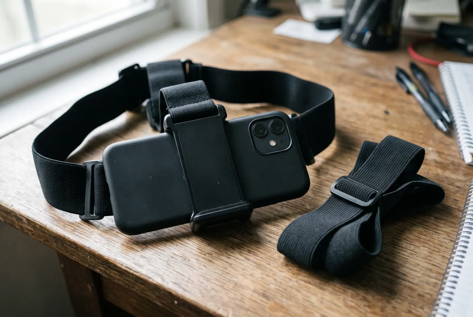 A smartphone with a triple camera in a chest-mount holder