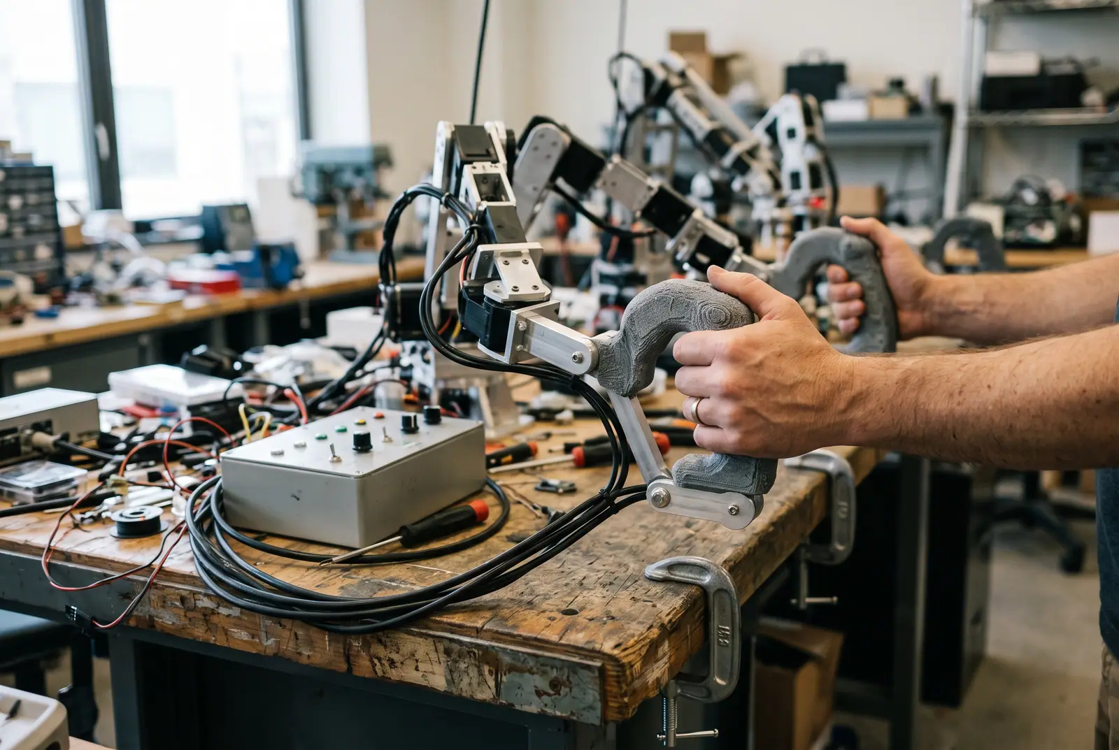 Bimanual leader robot arms clamped to a workbench