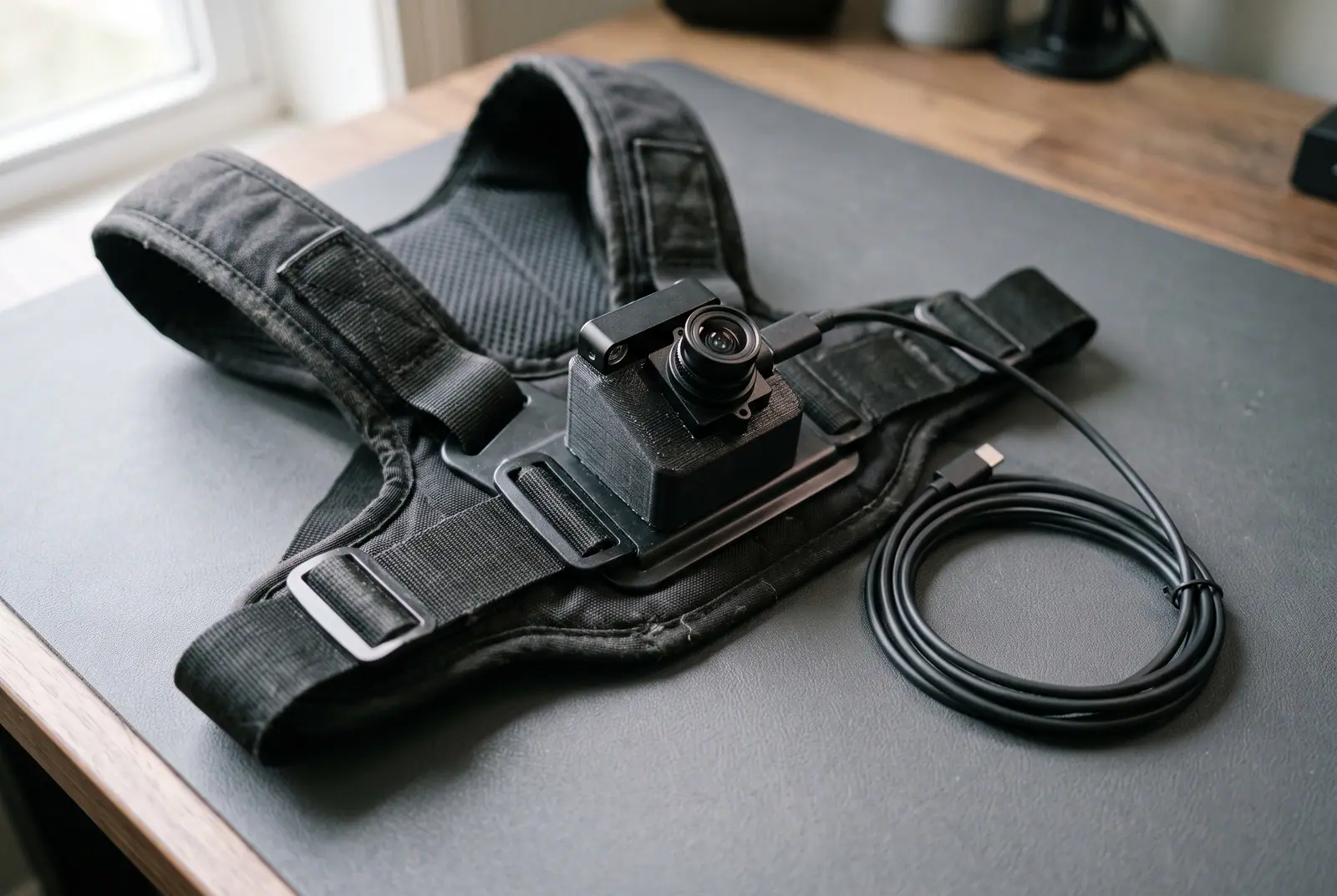 A monocular camera module on a chest harness