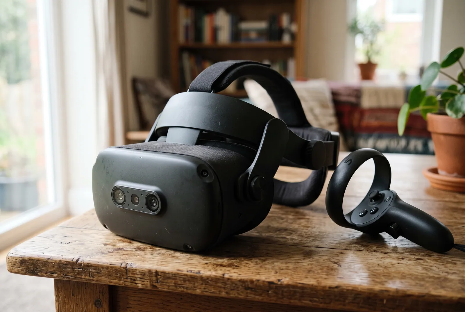 A black VR headset with a halo strap and one controller