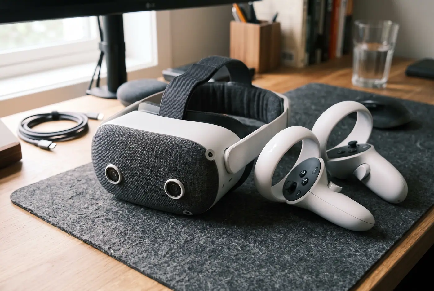 A white stereo passthrough headset with two hand controllers