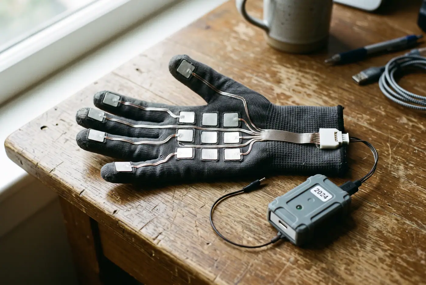 A tactile sensor glove laid palm-up beside a small data logger