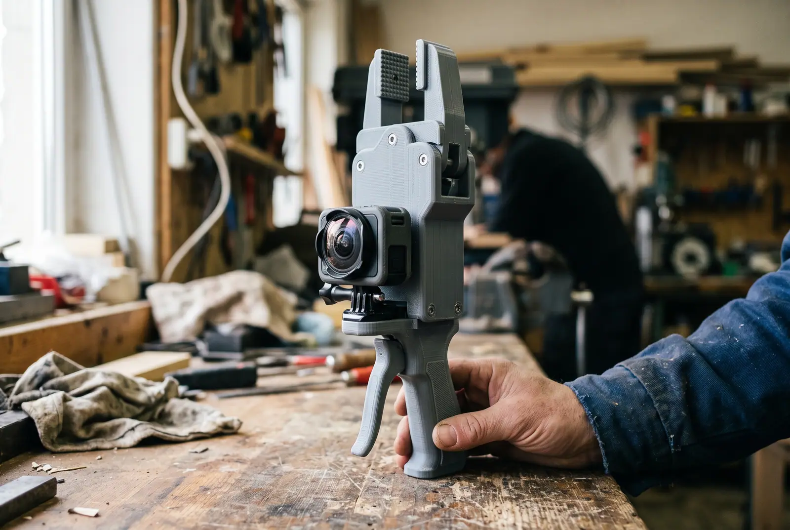 A handheld wrist-camera gripper standing on a workbench