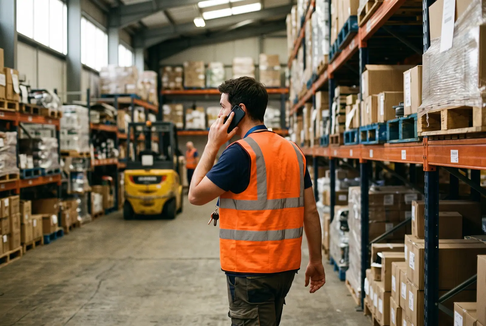 A worker recording speech on a phone while walking through a warehouse aisle