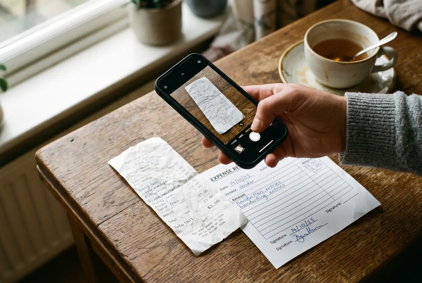 A phone photographing a receipt and a form on a kitchen table