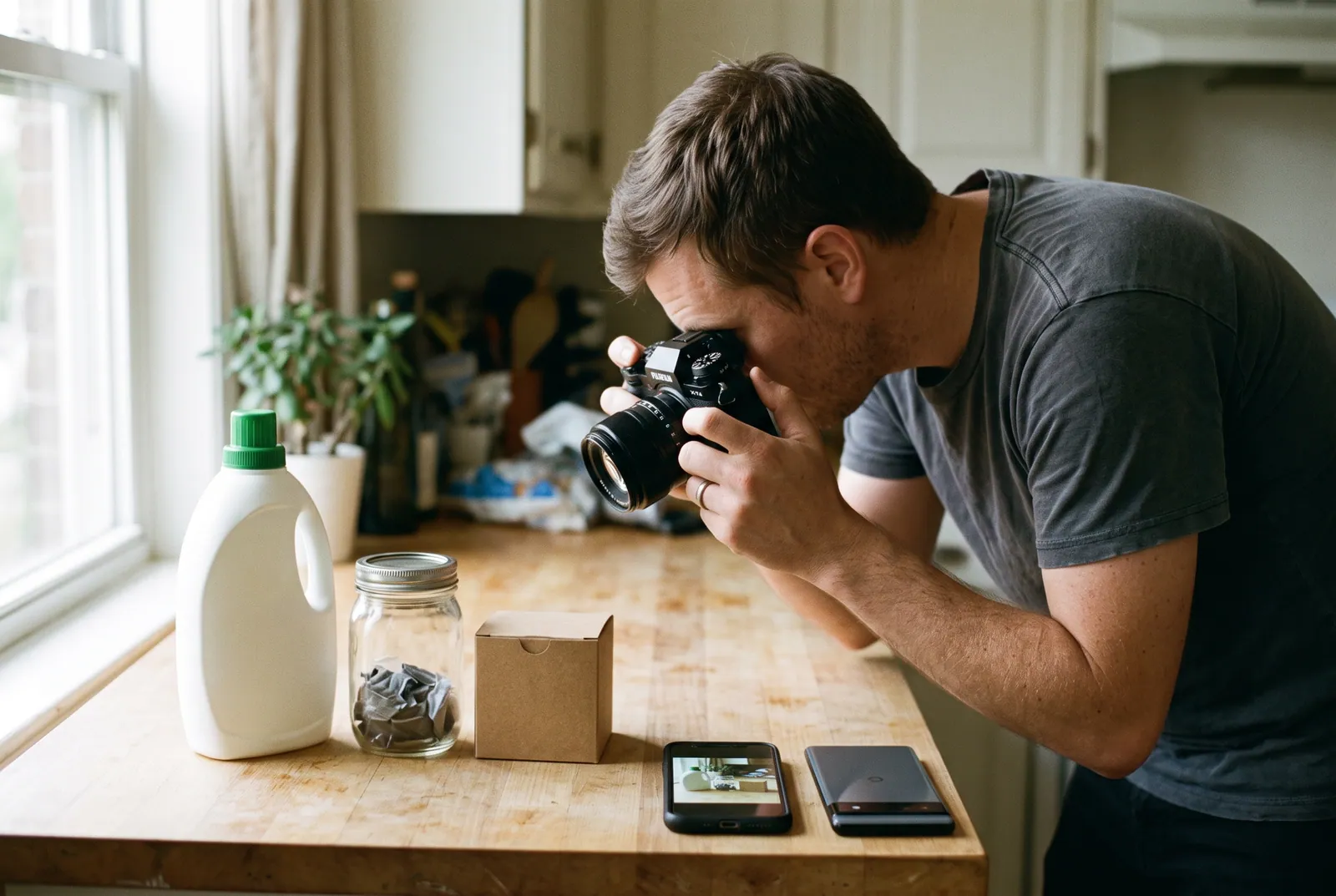 Household products being photographed on a counter with two different phones