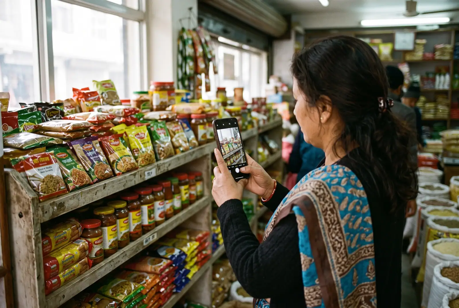 A shopkeeper photographing a grocery shelf with a phone