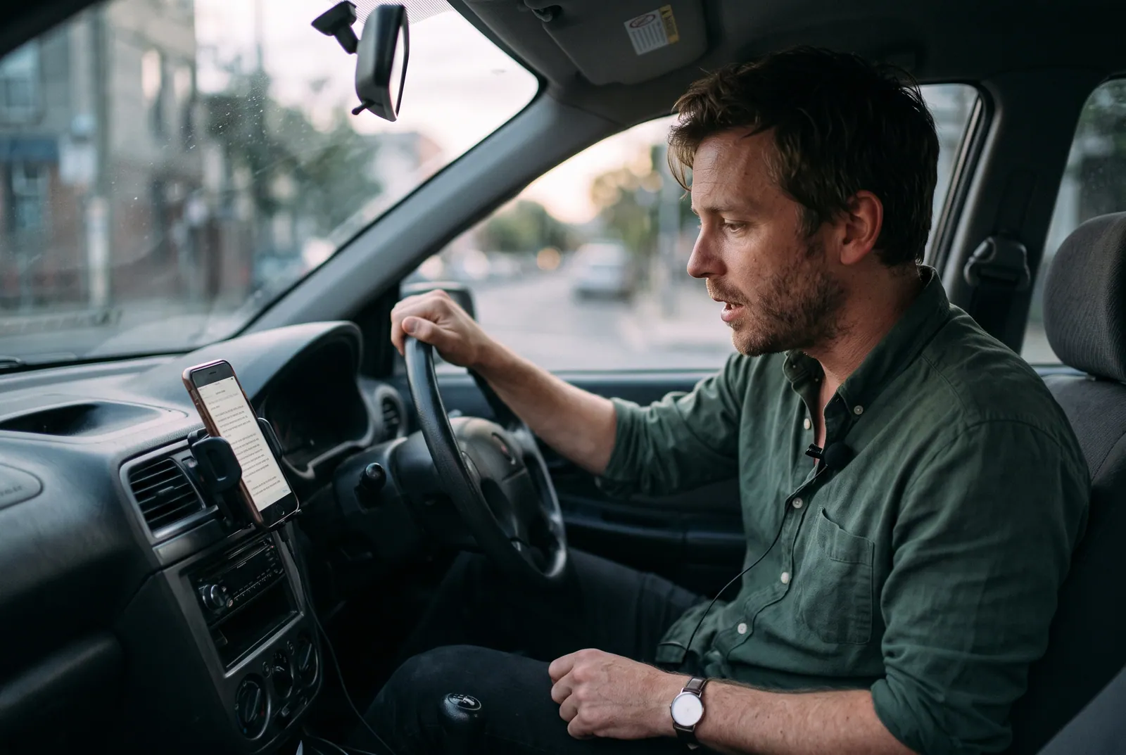 A contributor recording a scripted speech prompt in a parked car