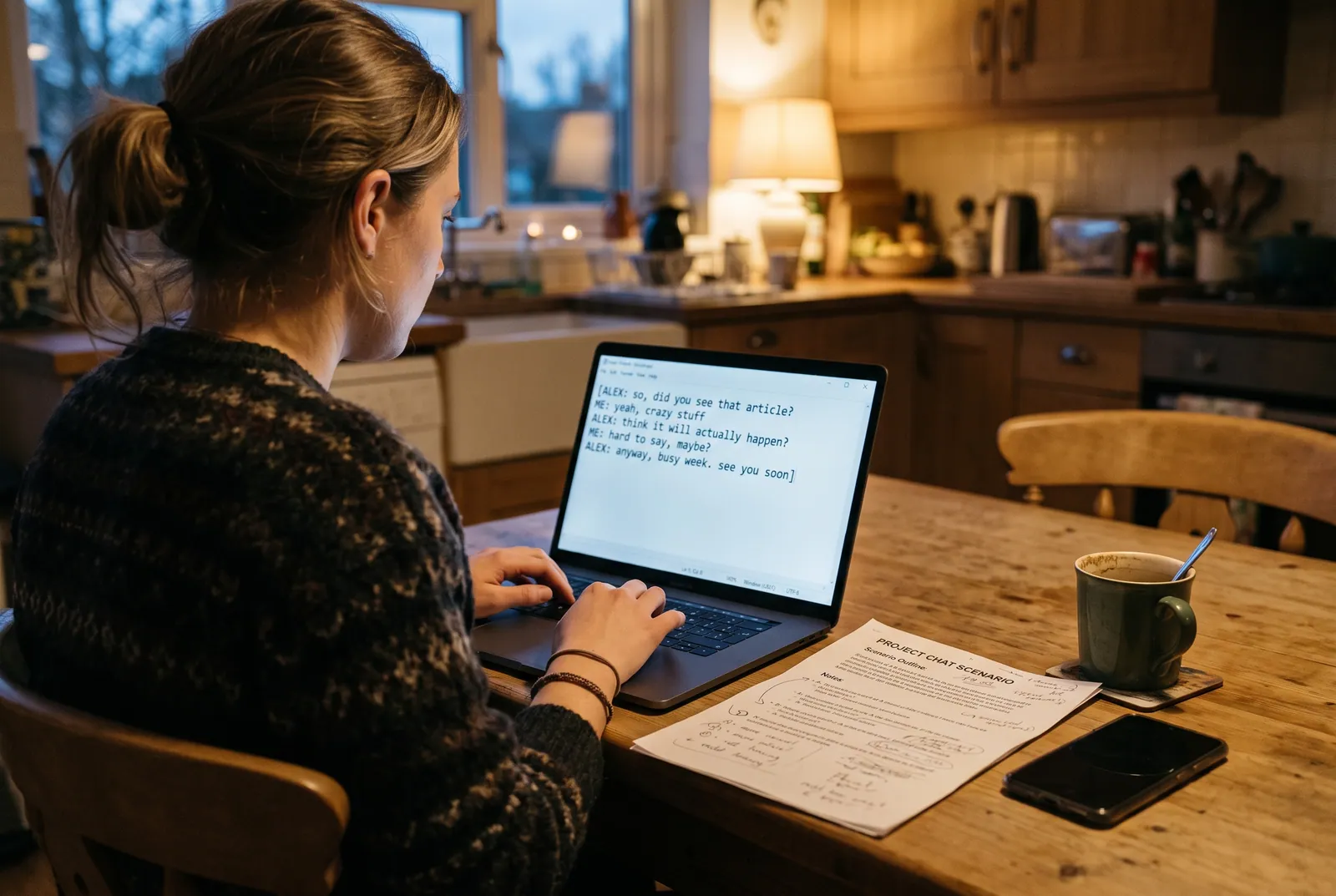 A contributor writing a scripted dialogue on a laptop from a printed brief