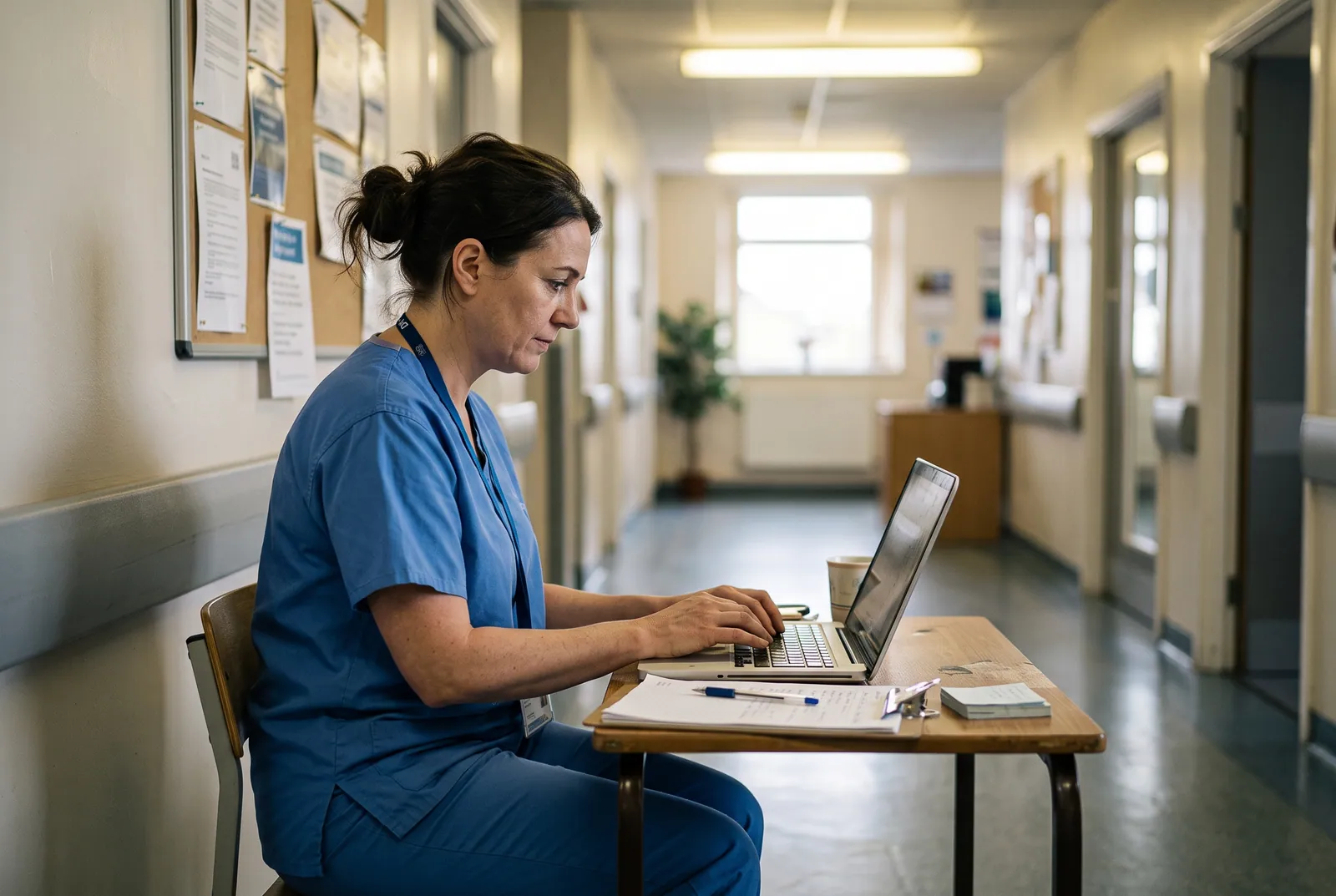 A nurse writing sector-specific text on a laptop at a clinic desk