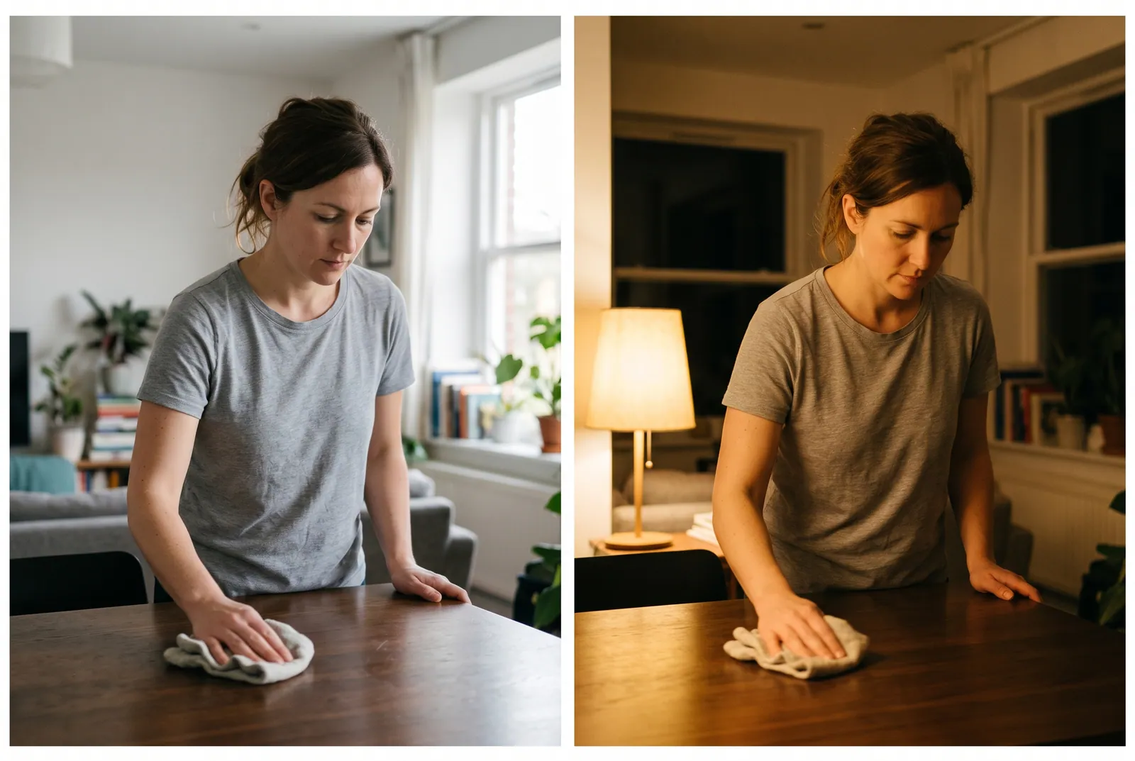The same person doing the same task in daylight and at night, framed identically