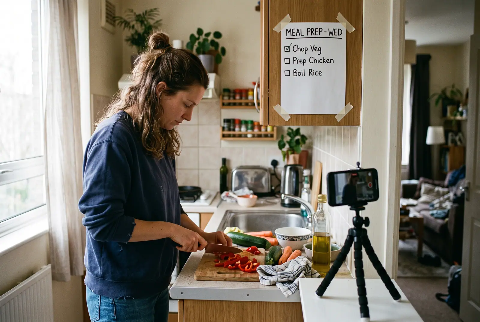 A phone on a tripod filming a person doing a kitchen task from the side