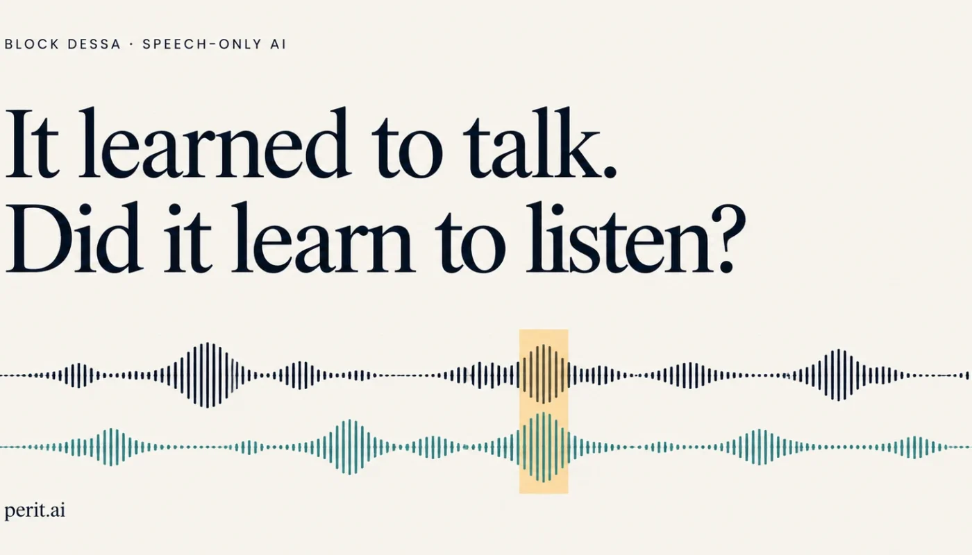 Dessa editorial cover: It learned to talk. Did it learn to listen? Two overlapping audio traces highlight conversation beyond words.