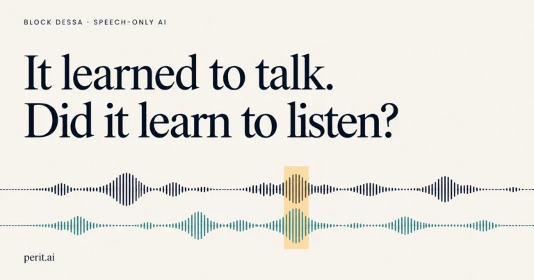 Dessa editorial cover: It learned to talk. Did it learn to listen? Two overlapping audio traces highlight conversation beyond words.