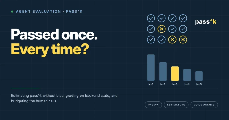 Passed once. Every time? Repeated success and failure checks illustrate pass^k reliability for voice agents.